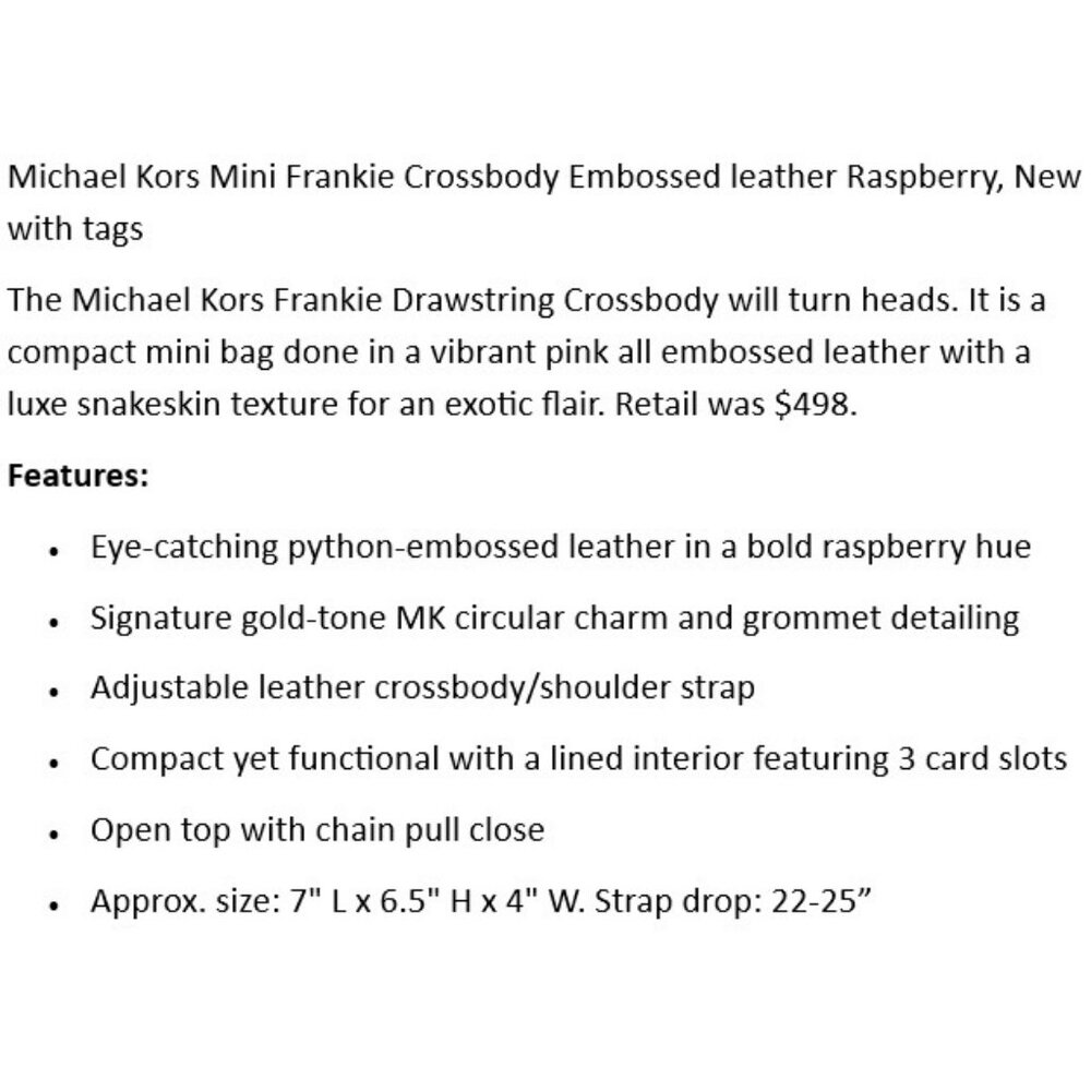 NWOT Michael Kors Mini Frankie Drws Crossbody Bag Embossed Leather Raspberry - Picture 2 of 7